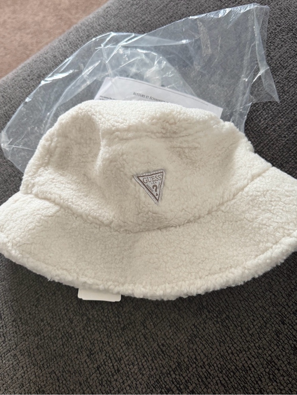 GUESS Cream Sherpa Bucket Hat with Triangle Logo